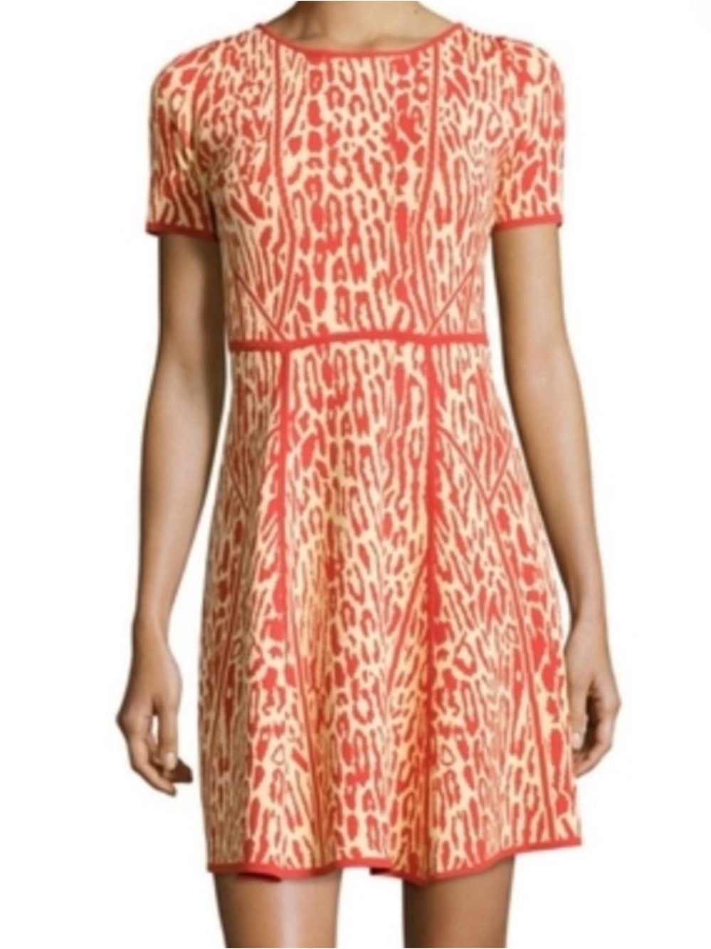Catherines Coral and Cream Short-Sleeve Printed Fit-and-Flare Dress
